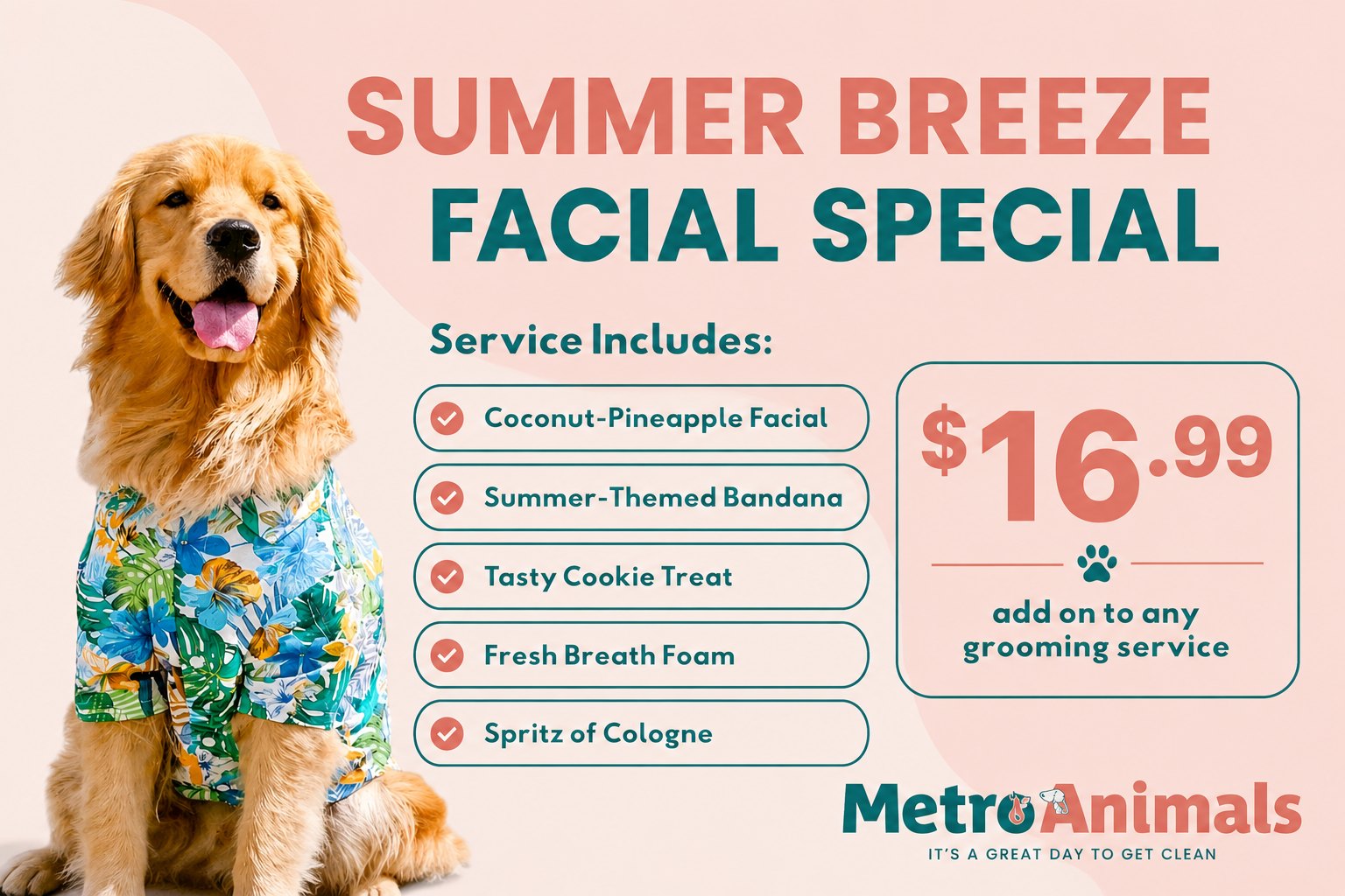 Summer Breeze Facial Special: coconut-pineapple facial, summer bandana, cookie treat, fresh breath foam and cologne, $16.99