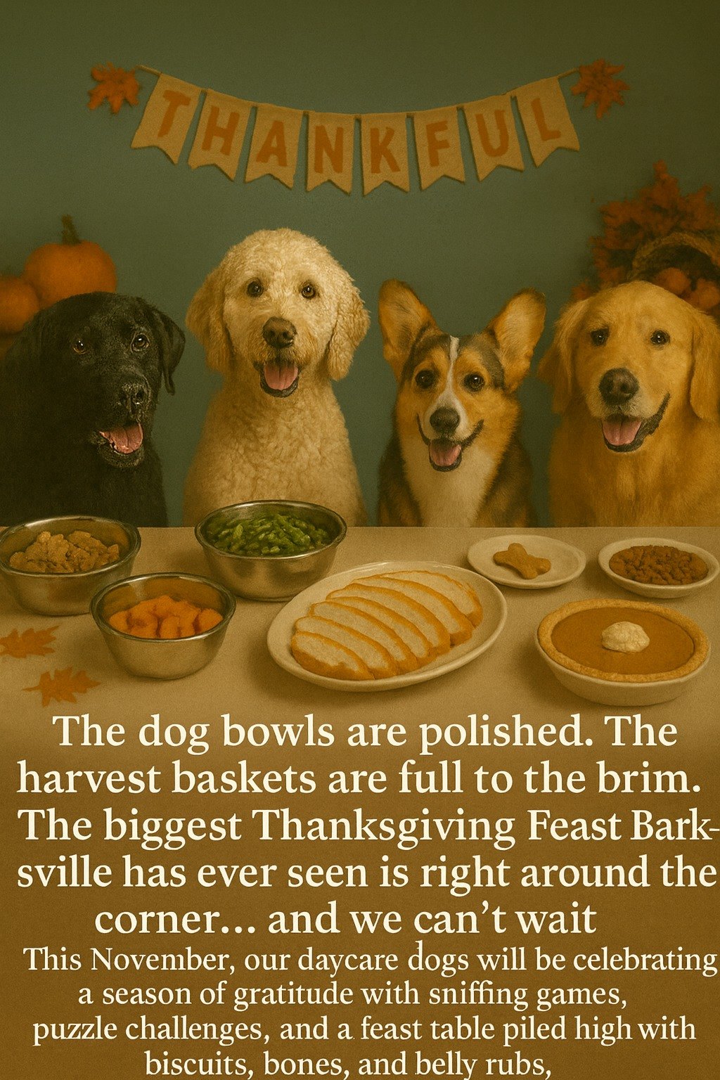 Barksville Thanksgiving poster: four dogs at a feast table under a Thankful banner