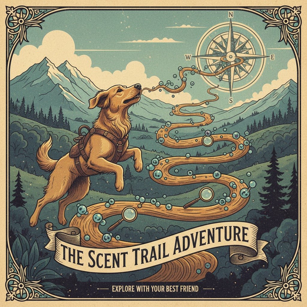 The Scent Trail Adventure poster: a dog in a harness follows a winding scent trail through the mountains