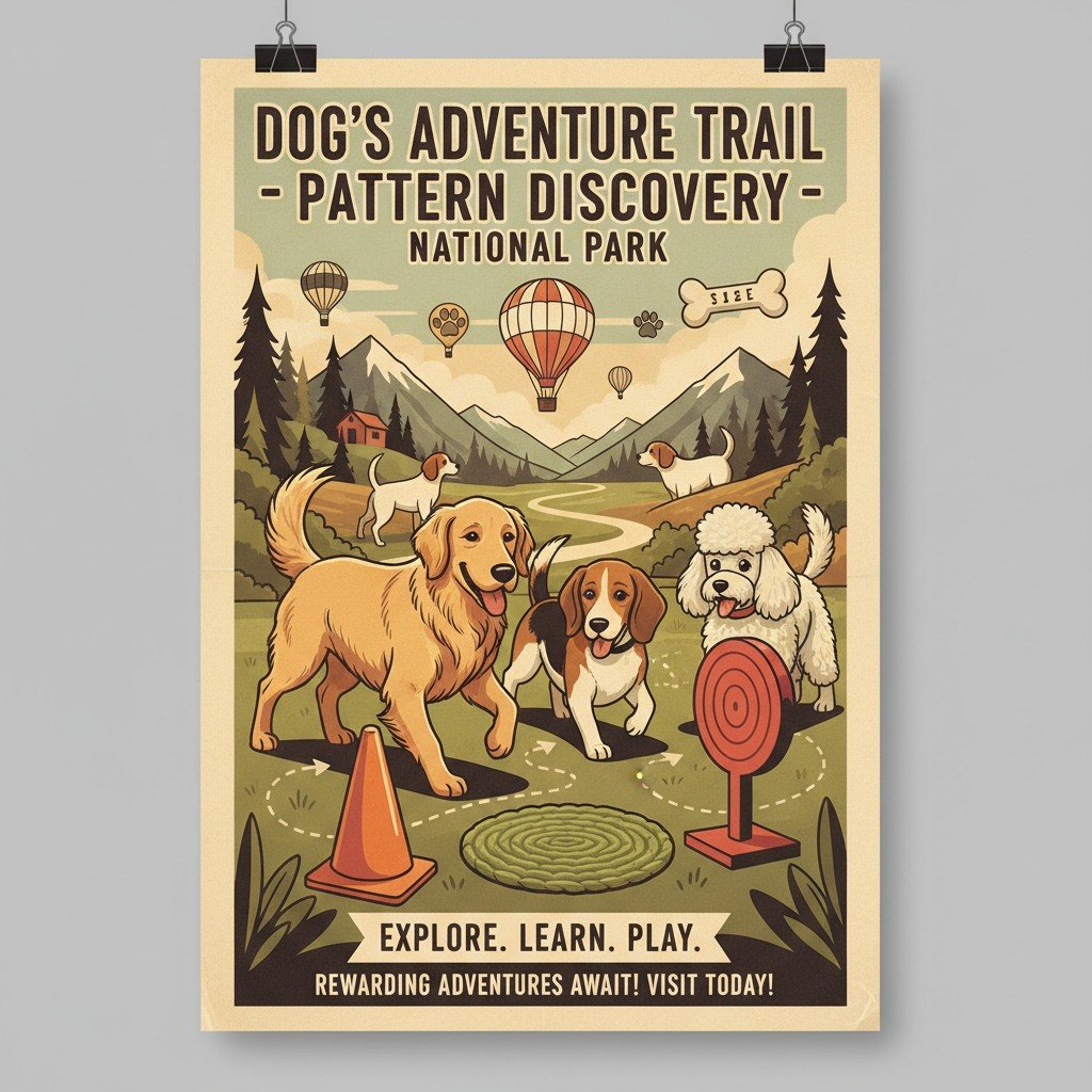 Dog's Adventure Trail Pattern Discovery poster with dogs exploring cones and a target on a park trail