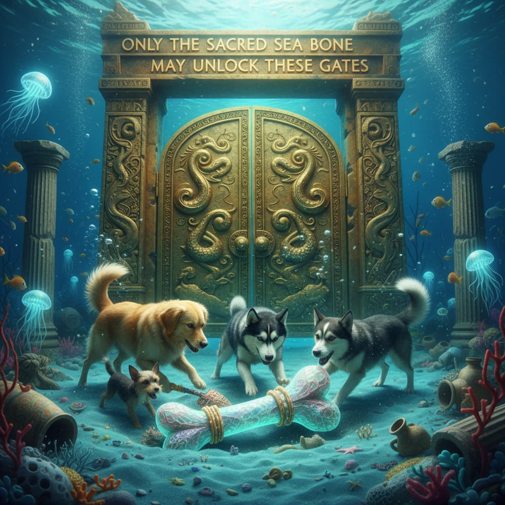 Painted scene: dogs find a glowing Sacred Sea Bone before golden underwater gates