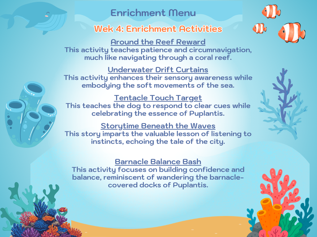 Week 4 enrichment menu: Around the Reef Reward, Underwater Drift Curtains, Barnacle Balance Bash and more