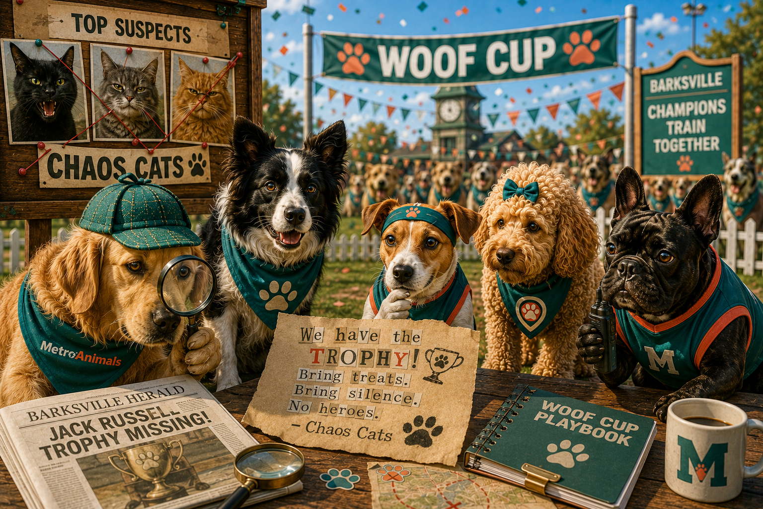 Illustrated dogs study the Chaos Cats ransom note at the Barksville investigation table