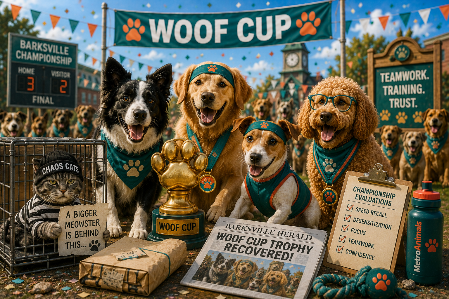 Illustrated Barksville dogs celebrate with the recovered Woof Cup trophy