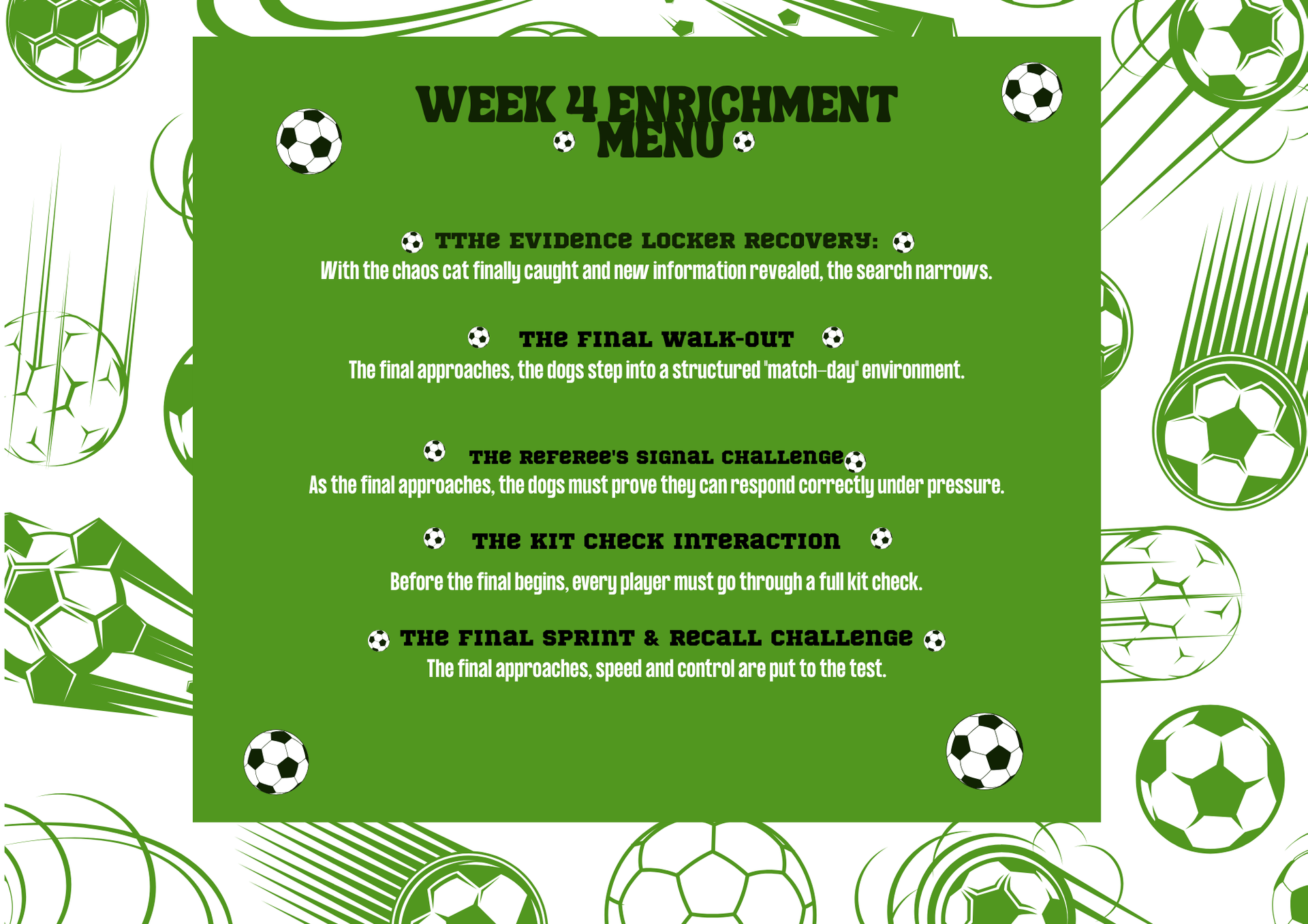 World Woof Cup week 4 enrichment menu