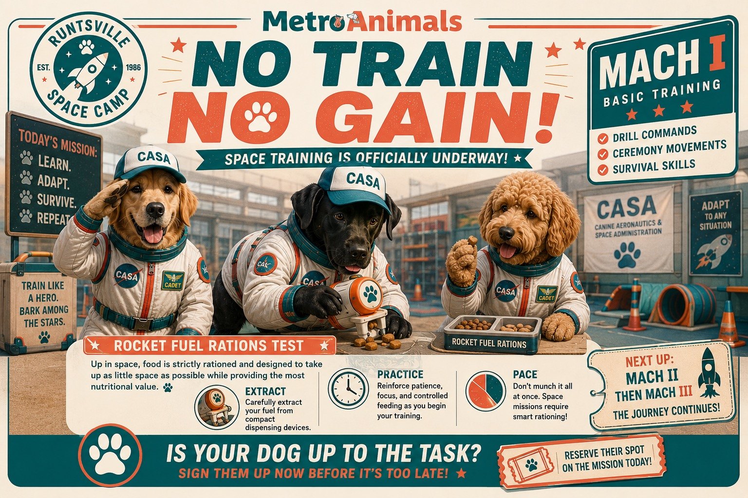No Train No Gain poster: cadets in CASA suits take the Rocket Fuel Rations Test