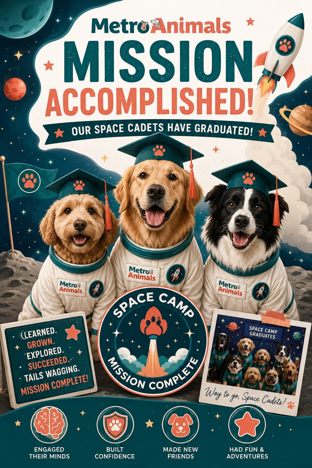 Mission Accomplished poster: three cadets in graduation caps and space suits on the moon