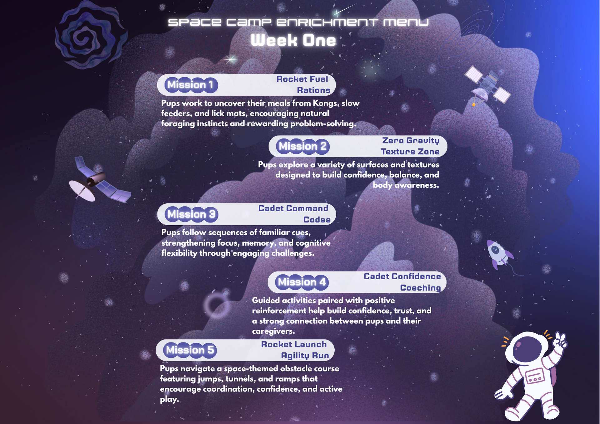 Space Camp enrichment menu, week one: Rocket Fuel Rations through Rocket Launch Agility Run
