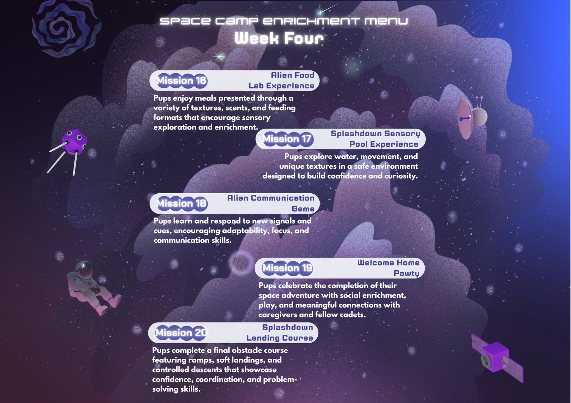 Space Camp enrichment menu, week four: Alien Food Lab Experience through Splashdown Landing Course
