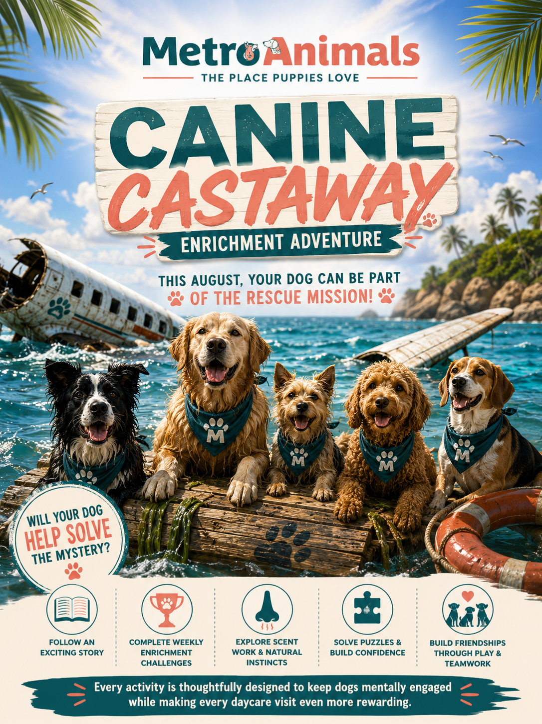 Canine Castaway poster: five pups in Metro Animals bandanas on a raft beside a wrecked plane