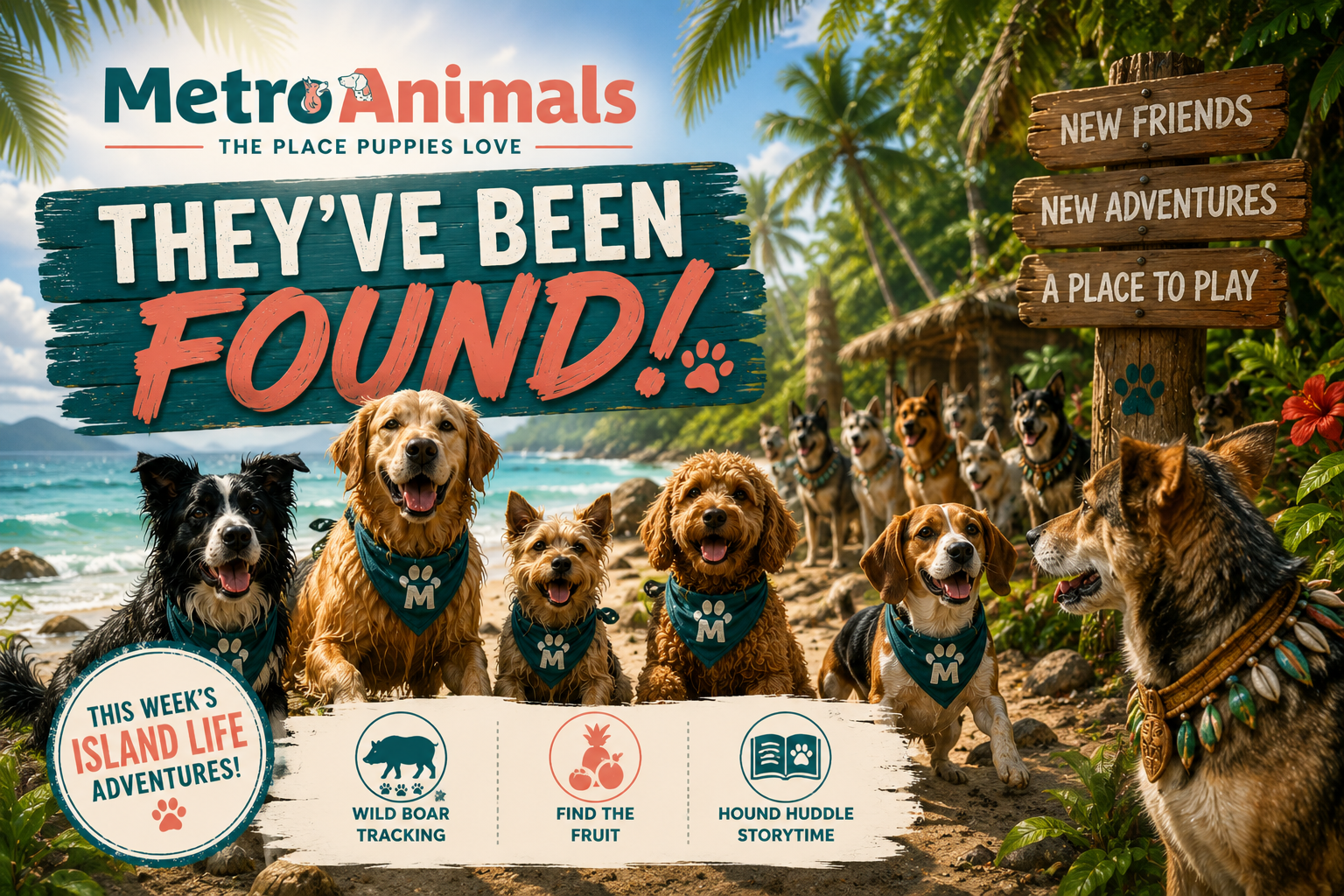 They've Been Found! graphic: castaway pups on the beach meeting a tribe of island dogs