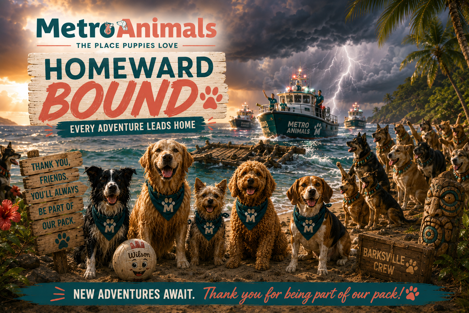 Homeward Bound graphic: castaway pups on the beach as Metro Animals rescue boats arrive in a storm