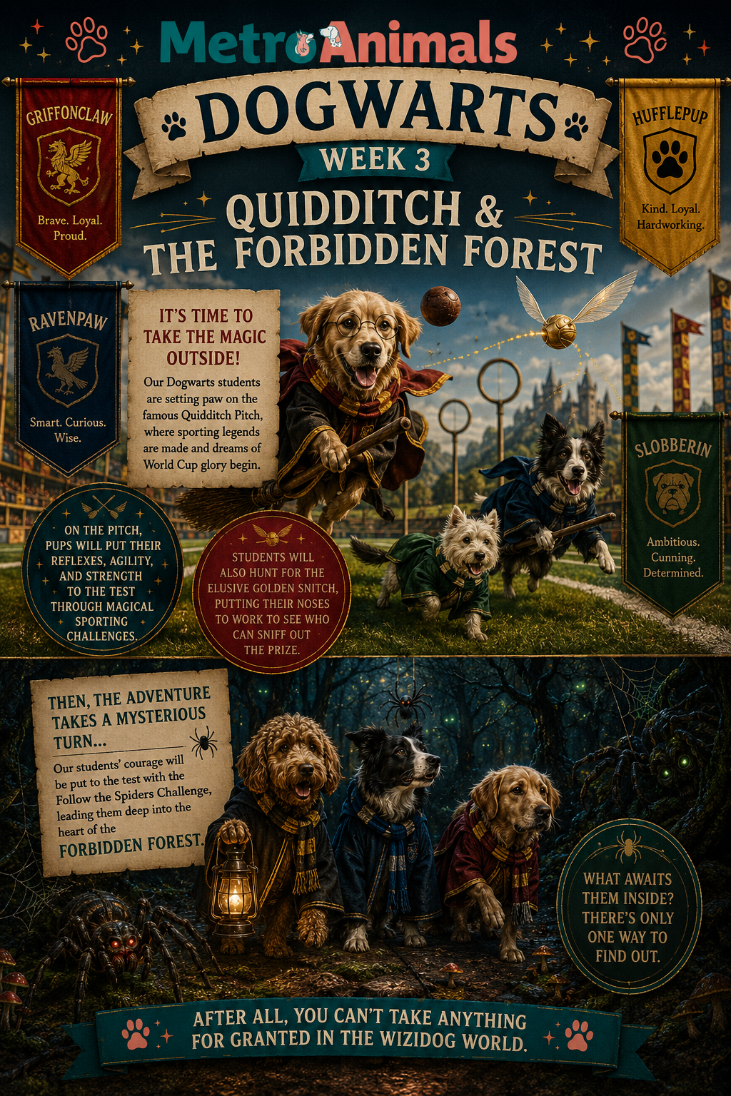 Dogwarts Week 3 graphic: Quidditch on the pitch and pups heading into the Forbidden Forest
