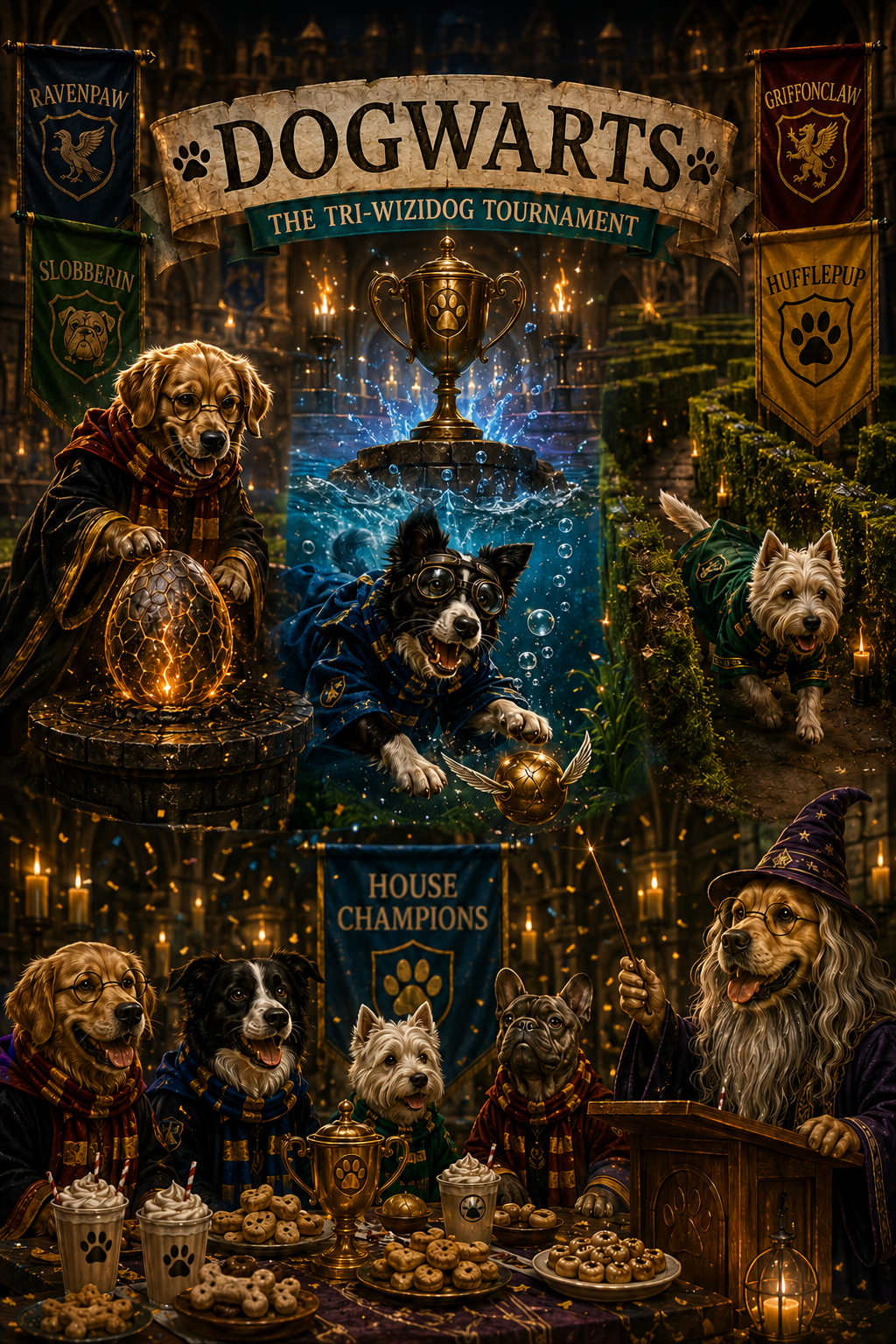 Tri-Wizidog Tournament graphic: the dragon egg, the underwater task and the maze, then the feast in the Great Hall