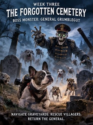 Monster Hunt week 3 poster, The Forgotten Cemetery, boss monster General Grumblegut: a French bulldog with a gear pack charges through a misty graveyard ahead of a pack of ghoulish dogs while the skeleton general in a peaked army cap looms behind