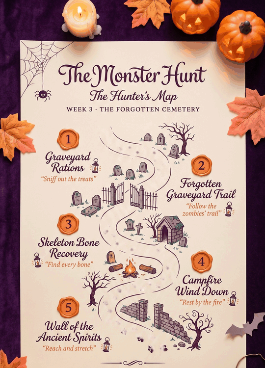 Our painted Hunter&rsquo;s Map of The Forgotten Cemetery (week 3): paw prints walk a winding path past five numbered stops, 1 Graveyard Rations, 2 Forgotten Graveyard Trail, 3 Skeleton Bone Recovery, 4 Campfire Wind Down and 5 Wall of the Ancient Spirits