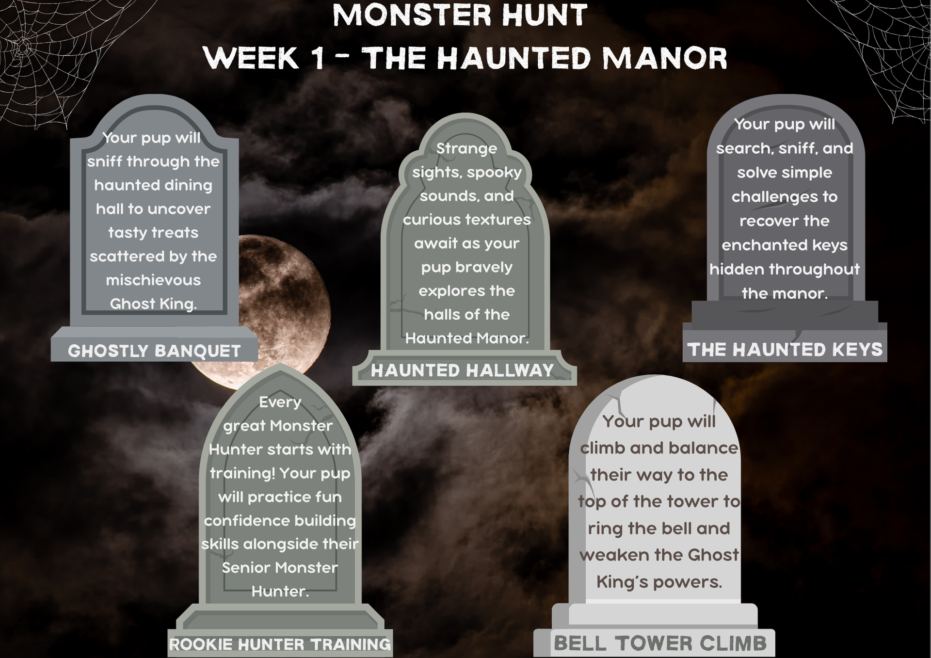 Week 1 menu, The Haunted Manor: five missions written on tombstones under a full moon