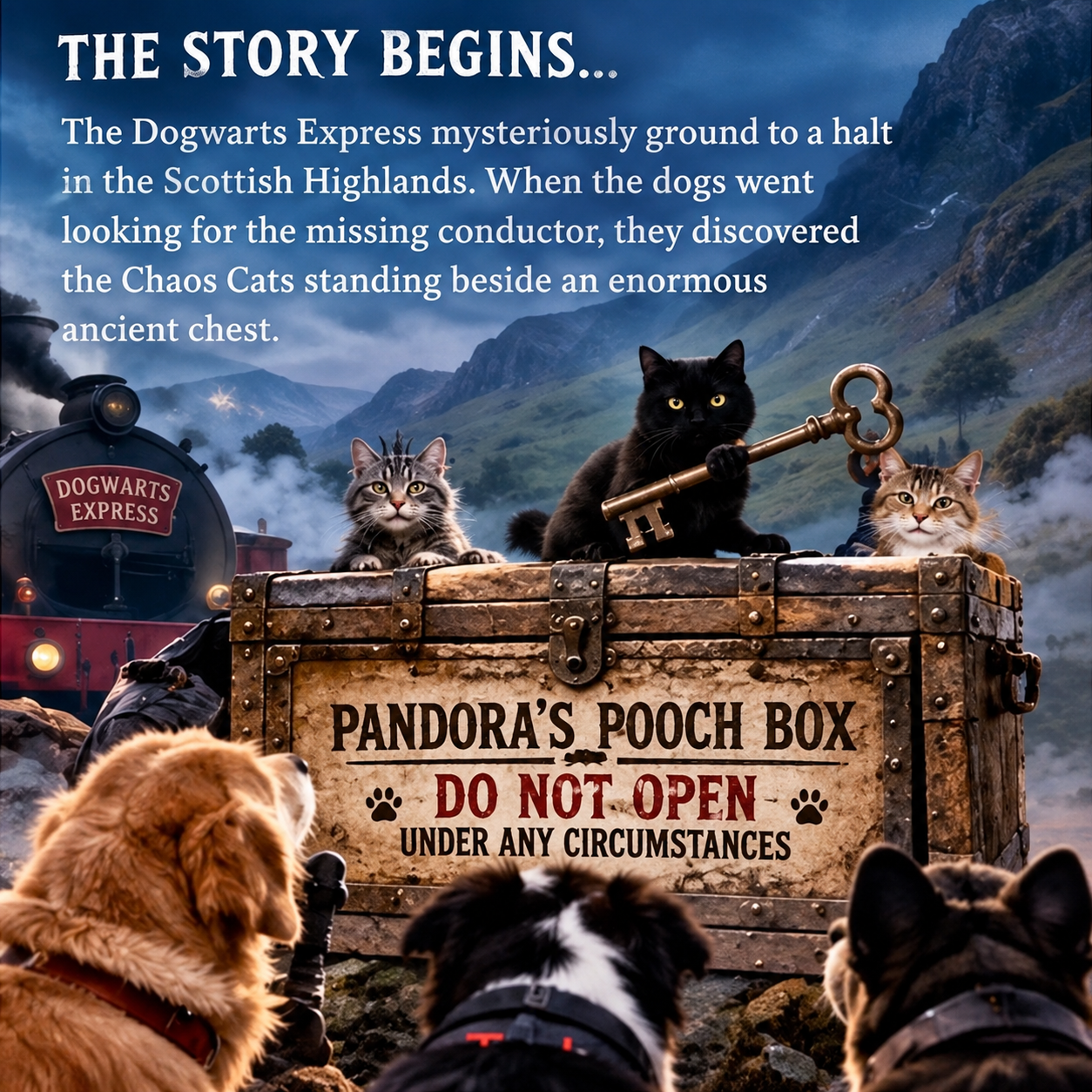 Three Chaos Cats sit on Pandora's Pooch Box, one holding an iron key, as the dogs look on