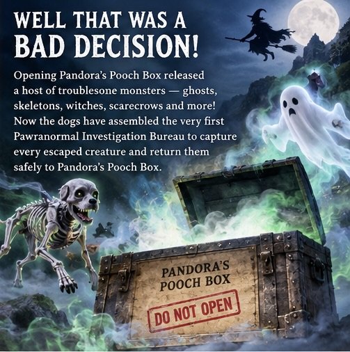 Pandora's Pooch Box bursts open in green smoke as a skeleton dog and a ghost escape
