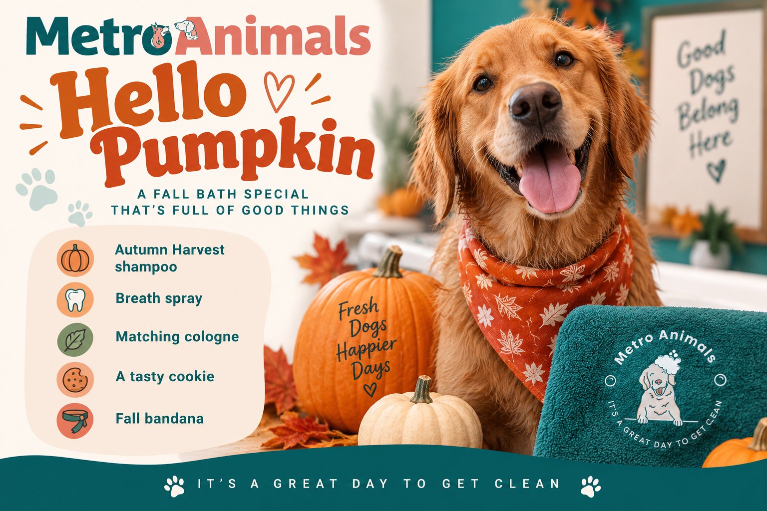 Hello Pumpkin, the fall bath special at Metro Animals: a golden retriever in a fall bandana beside pumpkins, with Autumn Harvest shampoo, breath spray, matching cologne, a tasty cookie and a fall bandana