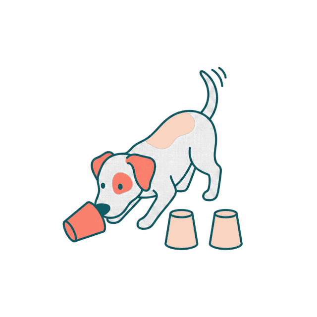 Illustration of the dog searching under a cup for a hidden treat