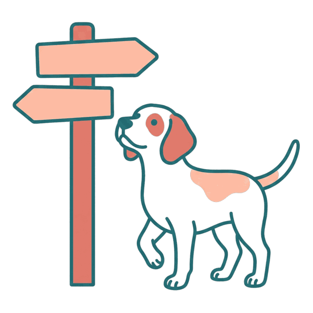 Illustration of the dog at a signpost, deciding which way to go