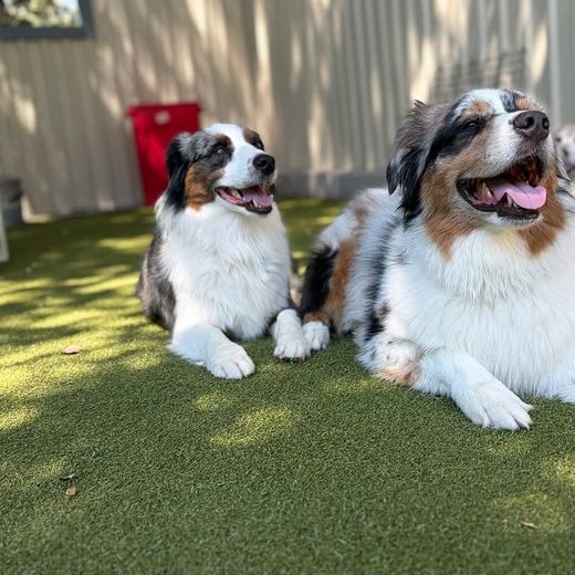 Two dogs settled in the shade on the turf at Metro Animals Plano