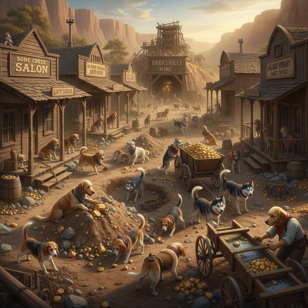 Painted Barksville gold rush scene with pups digging up gold nuggets outside the Barksville Mine