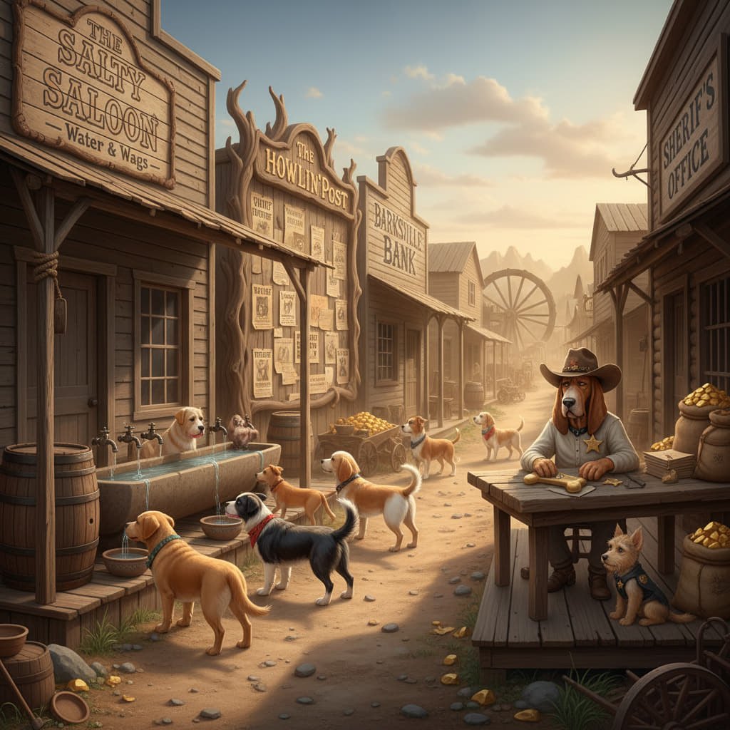 Painted Barksville street where pups drink at the Salty Saloon trough beside the bank and the Sheriff&rsquo;s Office