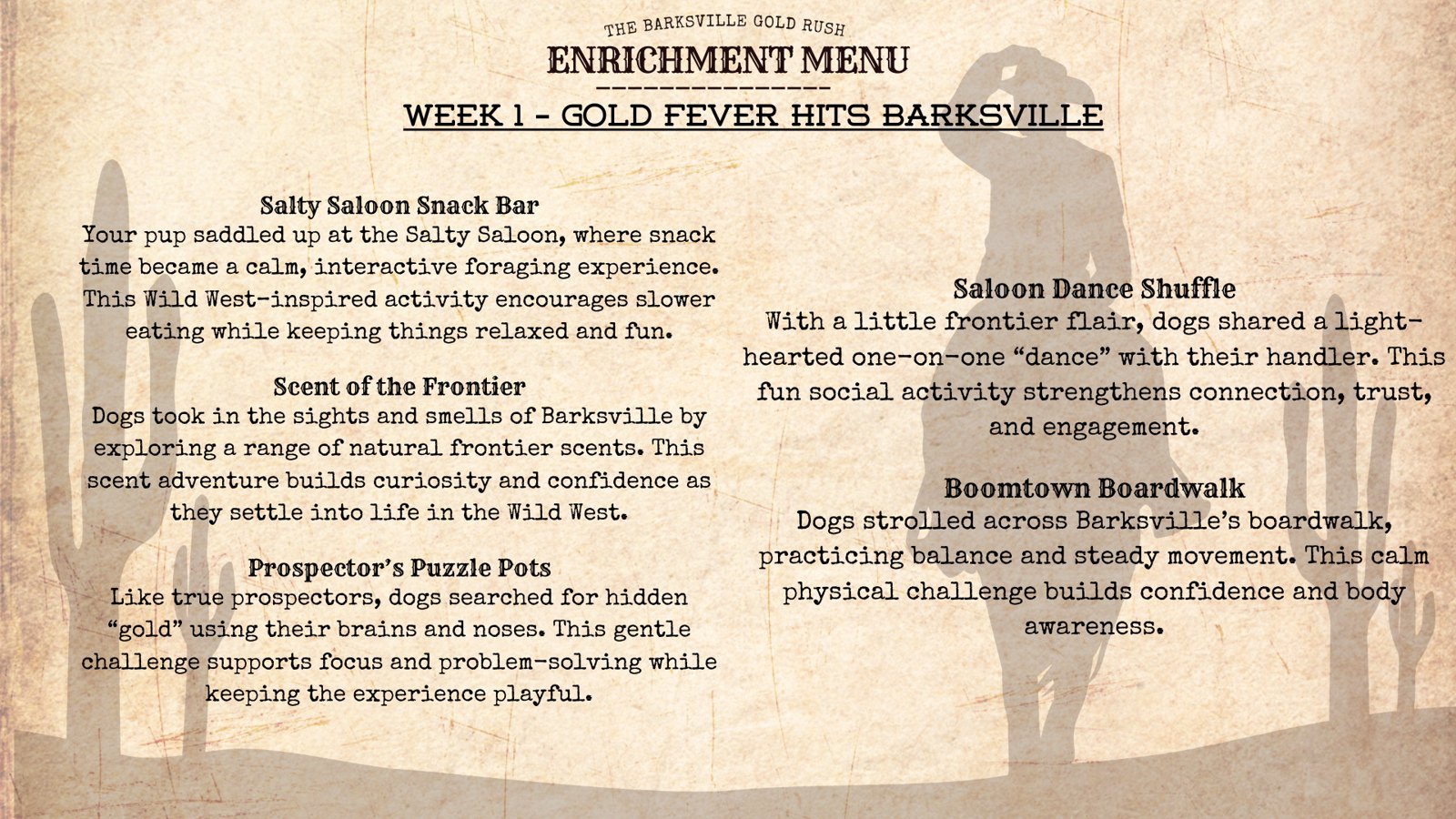 Week 1 enrichment menu, Gold Fever Hits Barksville, listing the week&rsquo;s five activities