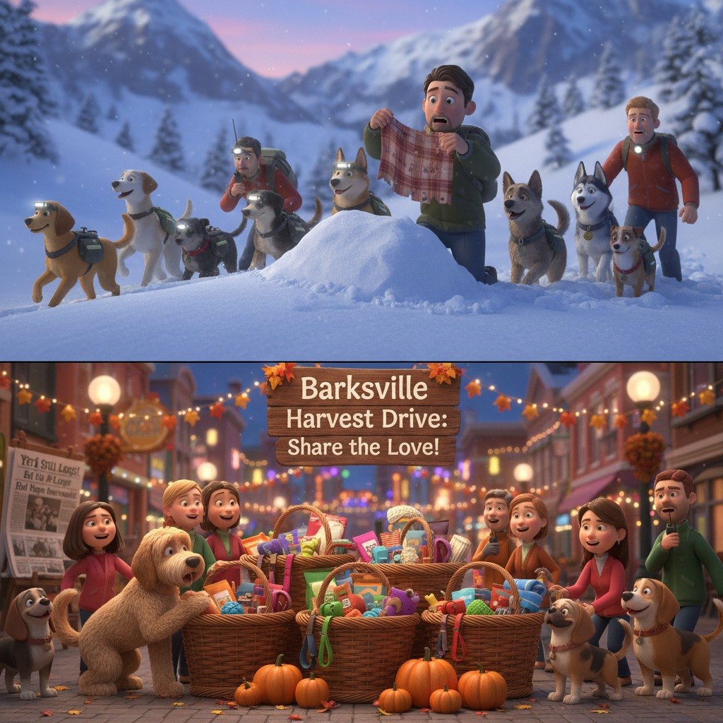 Barksville Harvest Drive illustration: a snowy search party above a town square of donation baskets