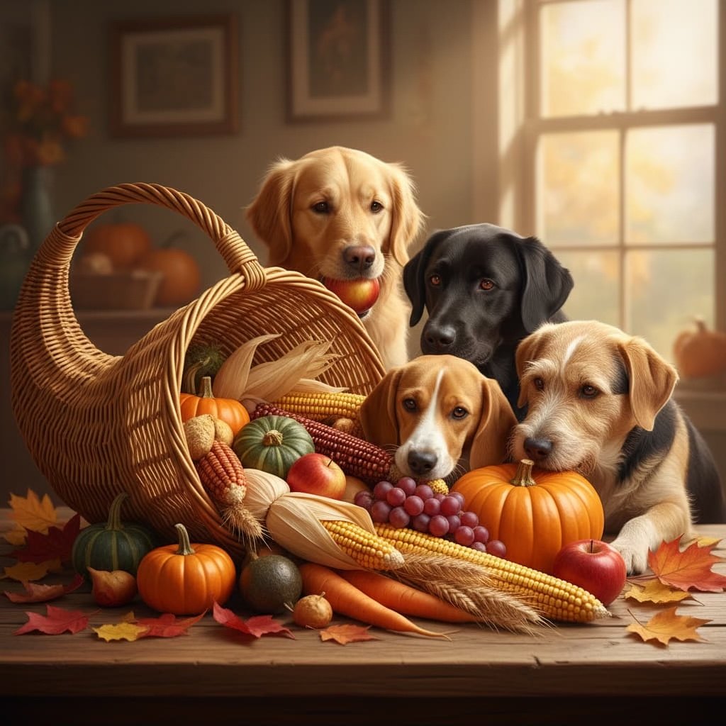 Cornucopia Snuffle illustration: four dogs around an overflowing harvest cornucopia