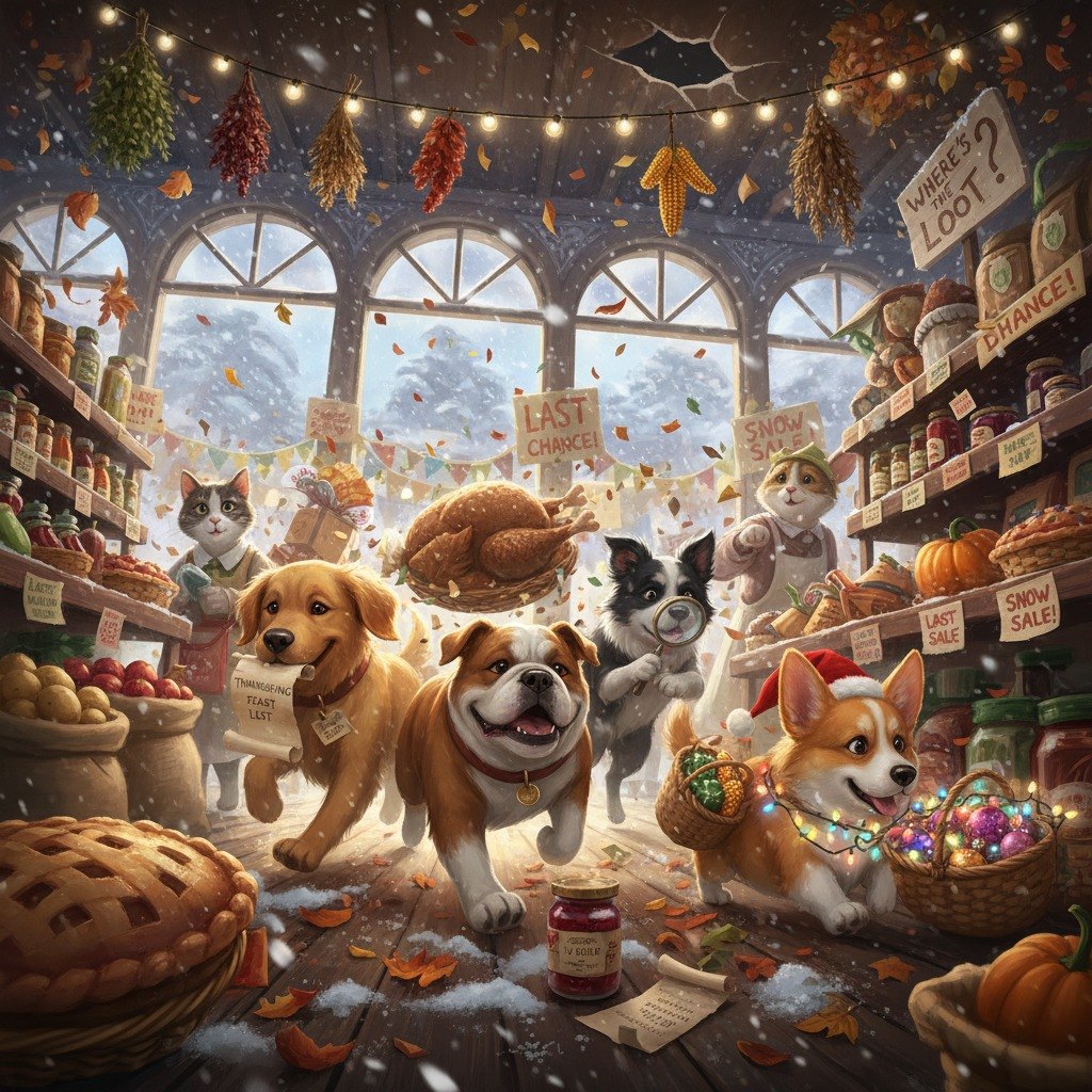 Barksville saga illustration: dogs racing through a snowy market with Thanksgiving supplies
