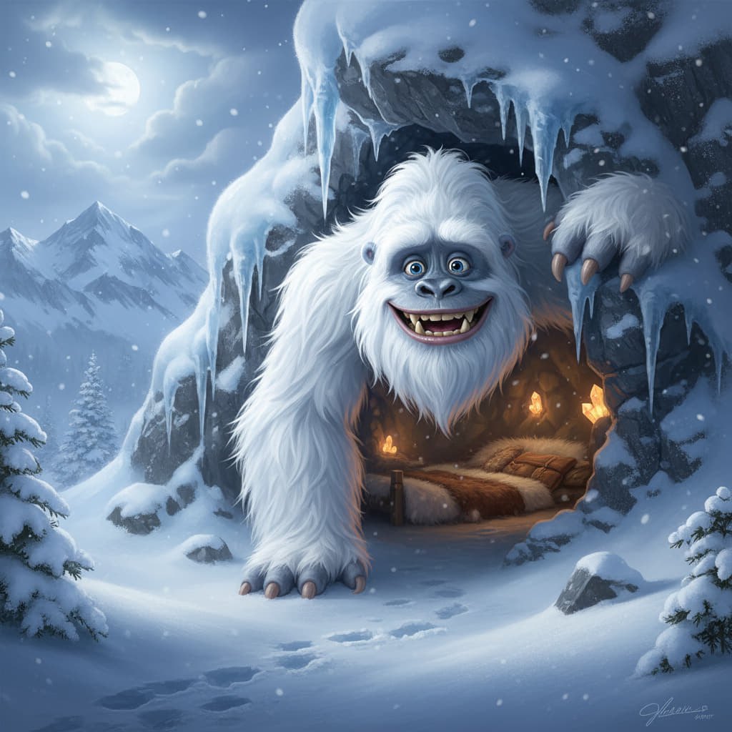 Illustration of the smiling Yeti outside his cozy snow den