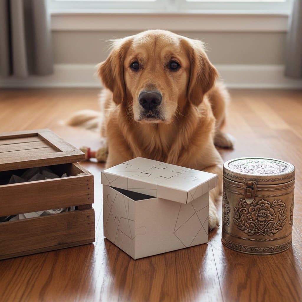 Illustration of a golden retriever beside three Yeti riddle boxes