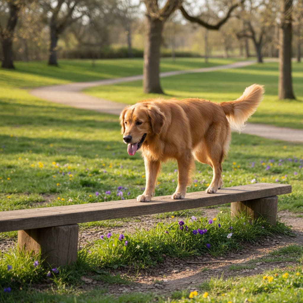 Illustration of a golden retriever walking along a bench for Banquet Table Balance