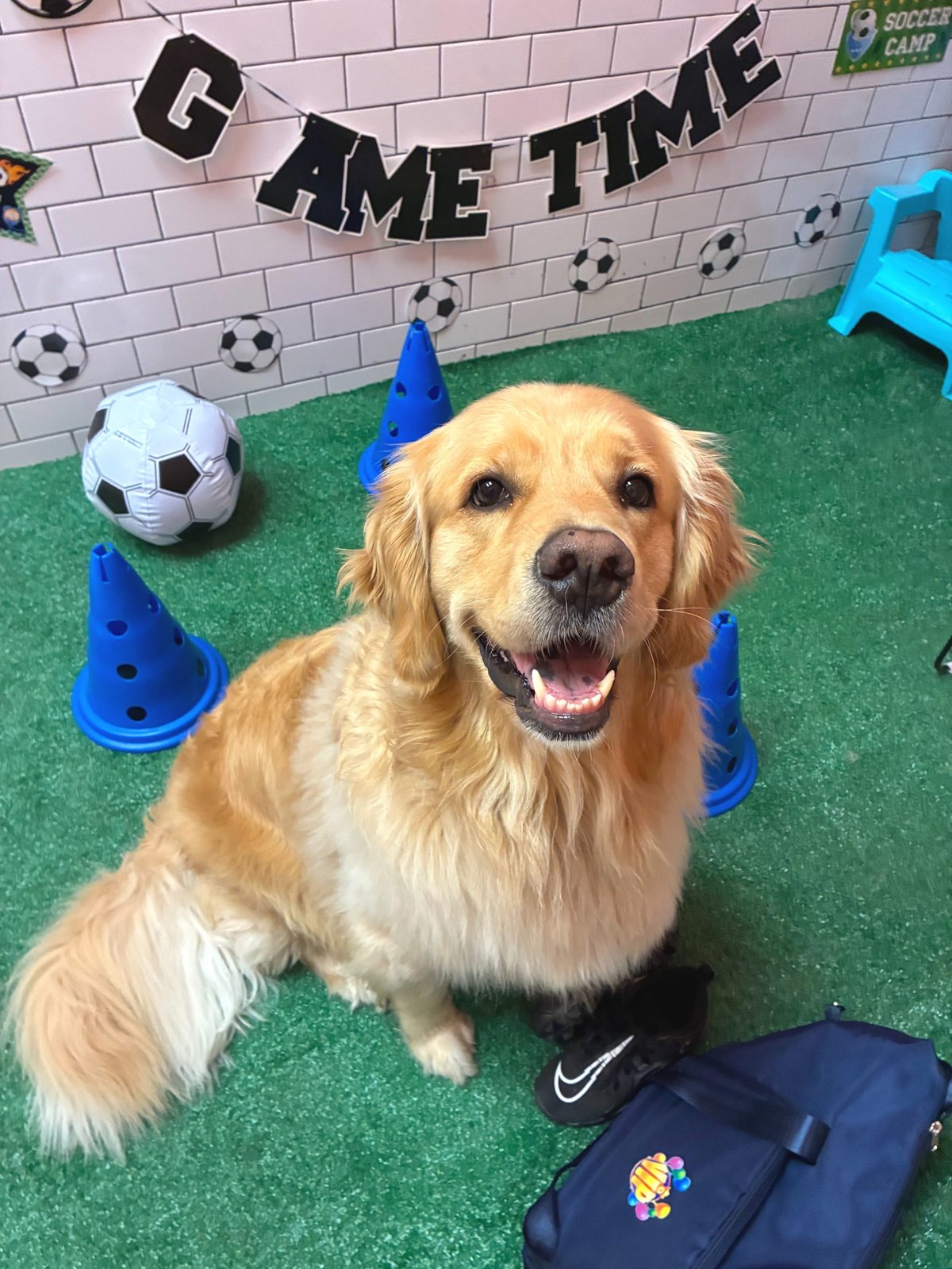 Archer smiling among blue cones and a soccer ball under the Game Time banner in Plano